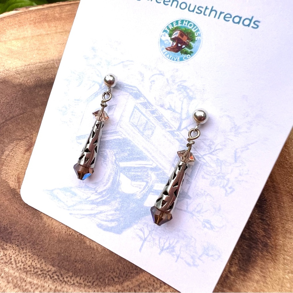 Silver and Brown Drop Dangle Crystal Bead Earrings